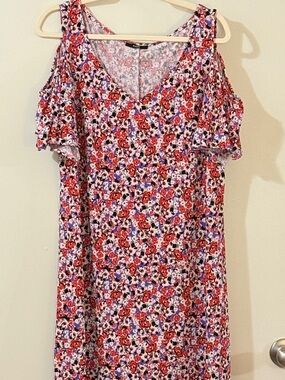 Floral Cold-Shoulder V-Neck Women’s Dress in Red & Purple